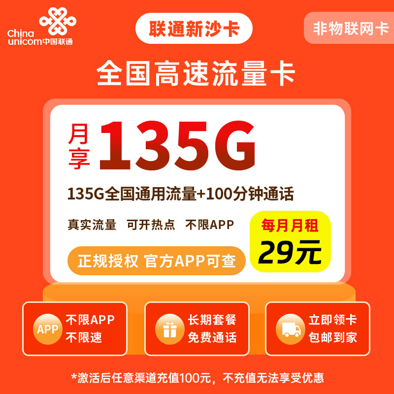 中国联通衡阳新沙卡29元135G流量+100分钟